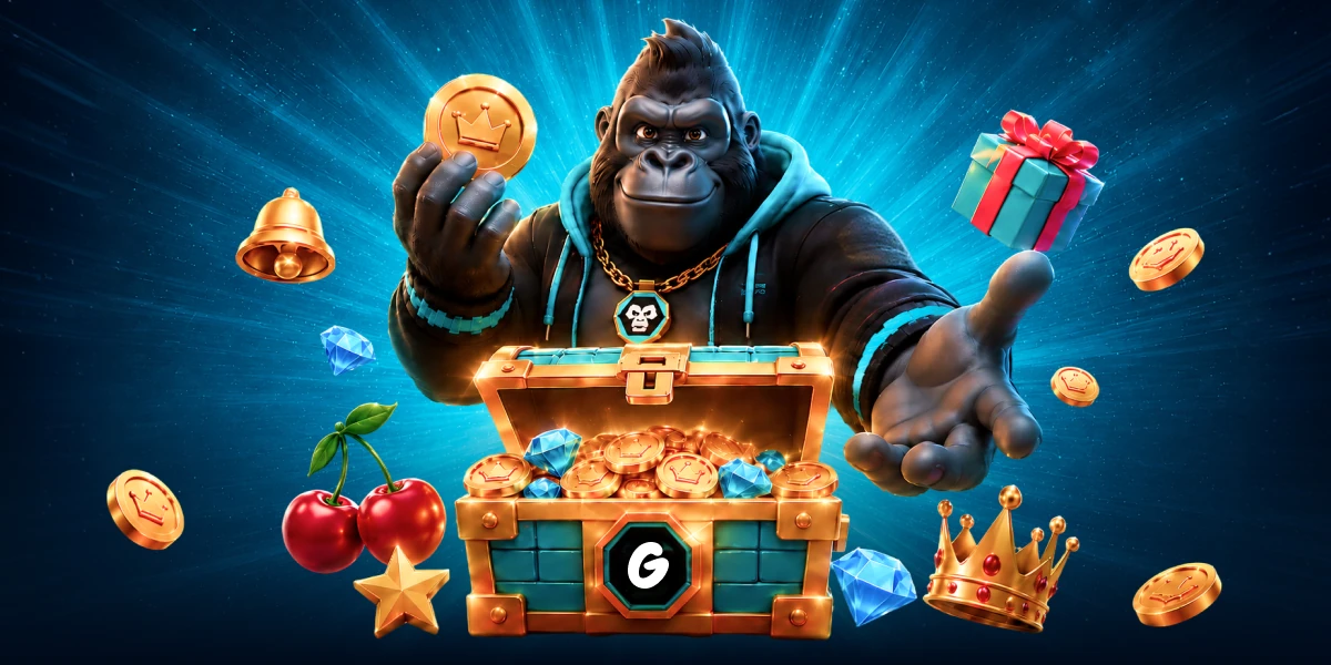 Gamblegorilla met een schatkist, munten en casino-symbolen